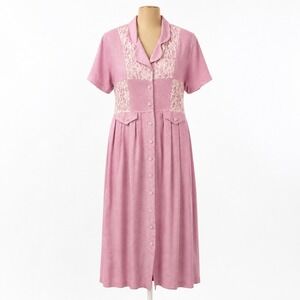 Vintage 90s Lace Patchwork Button Maxi Dress Sz 10 Pink Linen Modest Cottagecore